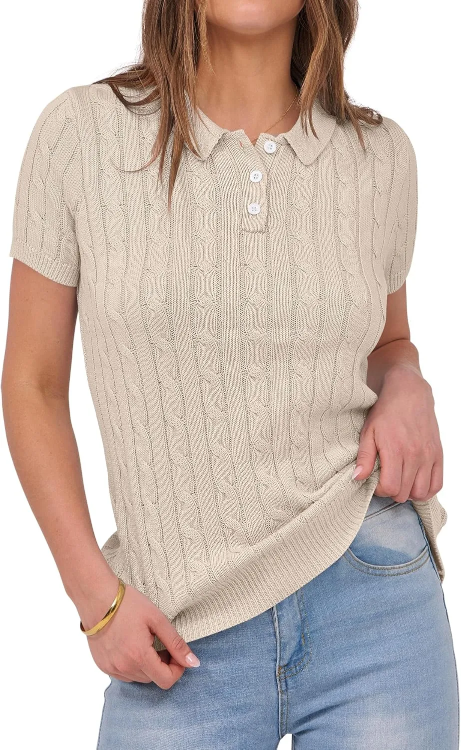 ANRABESS Women's Short Sleeve Sweaters Tops Polo V Neck Button Cable Knit Pullover Business Shirts 2025 Summer Casual Outfits