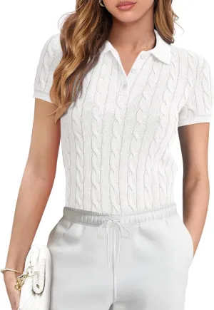 ANRABESS Women's Short Sleeve Sweaters Tops Polo V Neck Button Cable Knit Pullover Business Shirts 2025 Summer Casual Outfits