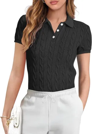 ANRABESS Women's Short Sleeve Sweaters Tops Polo V Neck Button Cable Knit Pullover Business Shirts 2025 Summer Casual Outfits