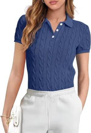 ANRABESS Women's Short Sleeve Sweaters Tops Polo V Neck Button Cable Knit Pullover Business Shirts 2025 Summer Casual Outfits