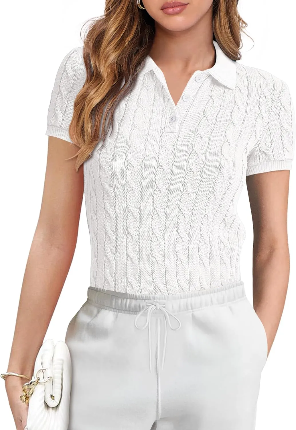ANRABESS Women's Short Sleeve Sweaters Tops Polo V Neck Button Cable Knit Pullover Business Shirts 2025 Summer Casual Outfits