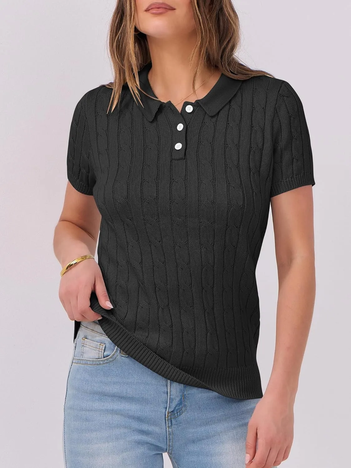 ANRABESS Women's Short Sleeve Sweaters Tops Polo V Neck Button Cable Knit Pullover Business Shirts 2025 Summer Casual Outfits