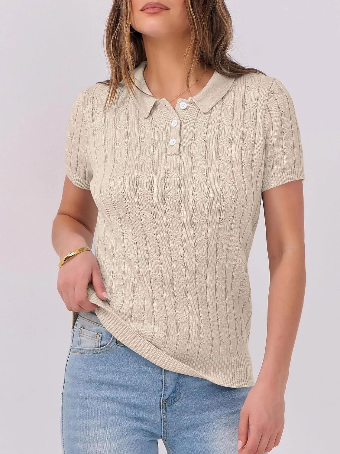 ANRABESS Women's Short Sleeve Sweaters Tops Polo V Neck Button Cable Knit Pullover Business Shirts 2025 Summer Casual Outfits