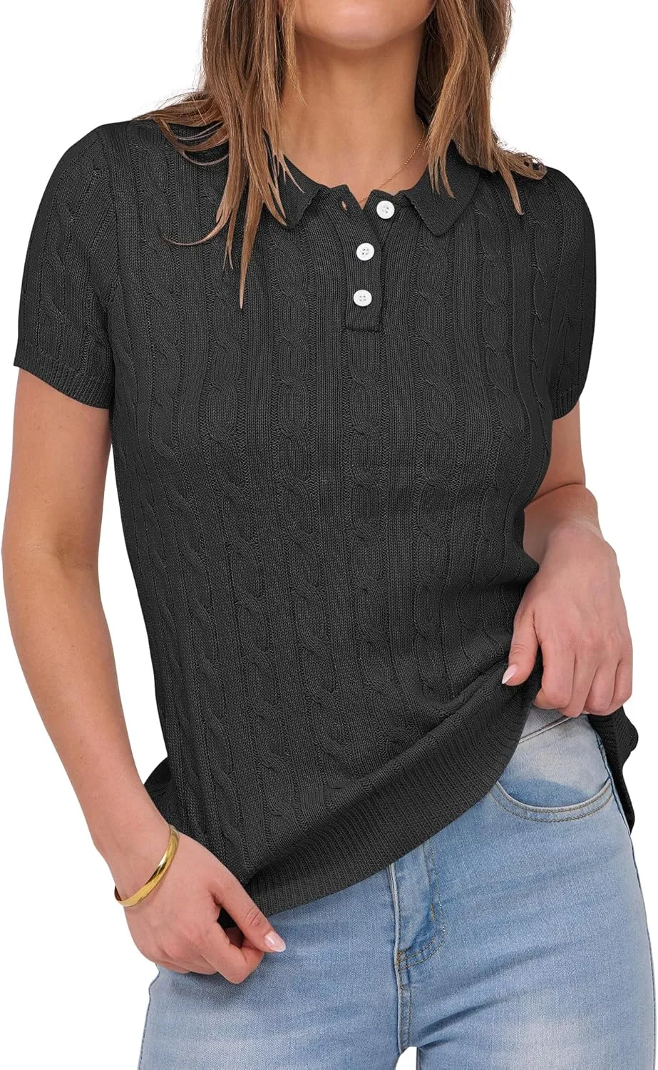 ANRABESS Women's Short Sleeve Sweaters Tops Polo V Neck Button Cable Knit Pullover Business Shirts 2025 Summer Casual Outfits