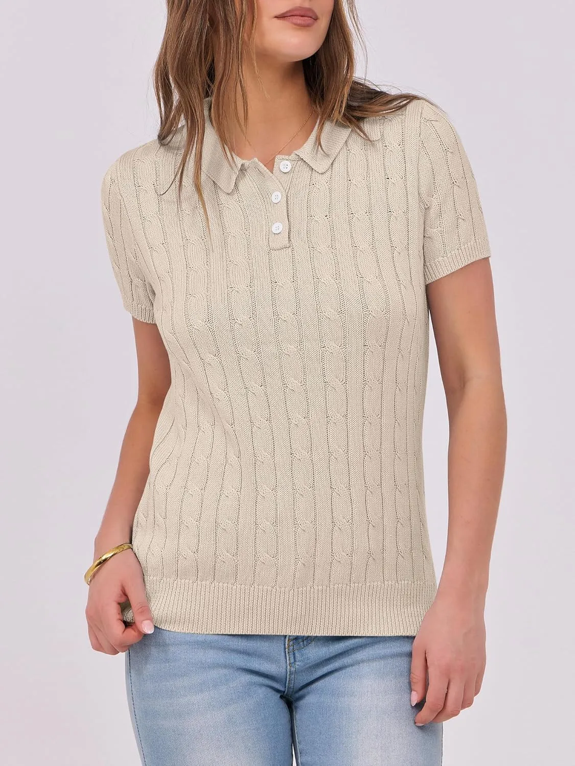 ANRABESS Women's Short Sleeve Sweaters Tops Polo V Neck Button Cable Knit Pullover Business Shirts 2025 Summer Casual Outfits