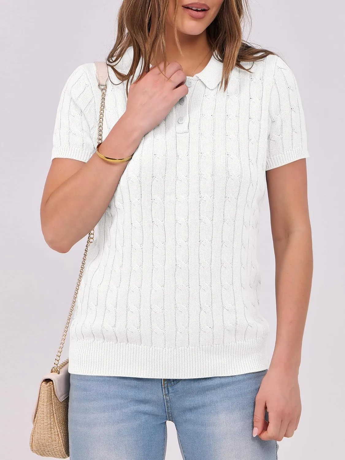 ANRABESS Women's Short Sleeve Sweaters Tops Polo V Neck Button Cable Knit Pullover Business Shirts 2025 Summer Casual Outfits
