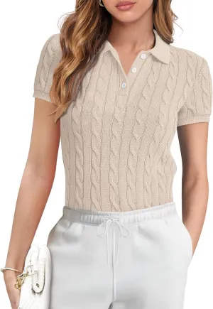 ANRABESS Women's Short Sleeve Sweaters Tops Polo V Neck Button Cable Knit Pullover Business Shirts 2025 Summer Casual Outfits