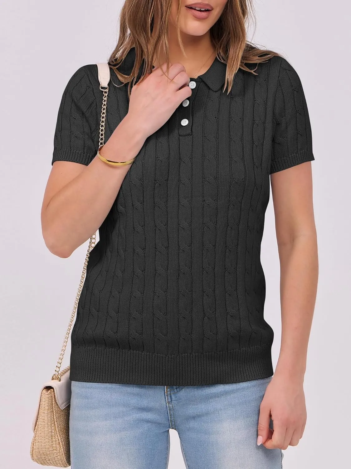 ANRABESS Women's Short Sleeve Sweaters Tops Polo V Neck Button Cable Knit Pullover Business Shirts 2025 Summer Casual Outfits