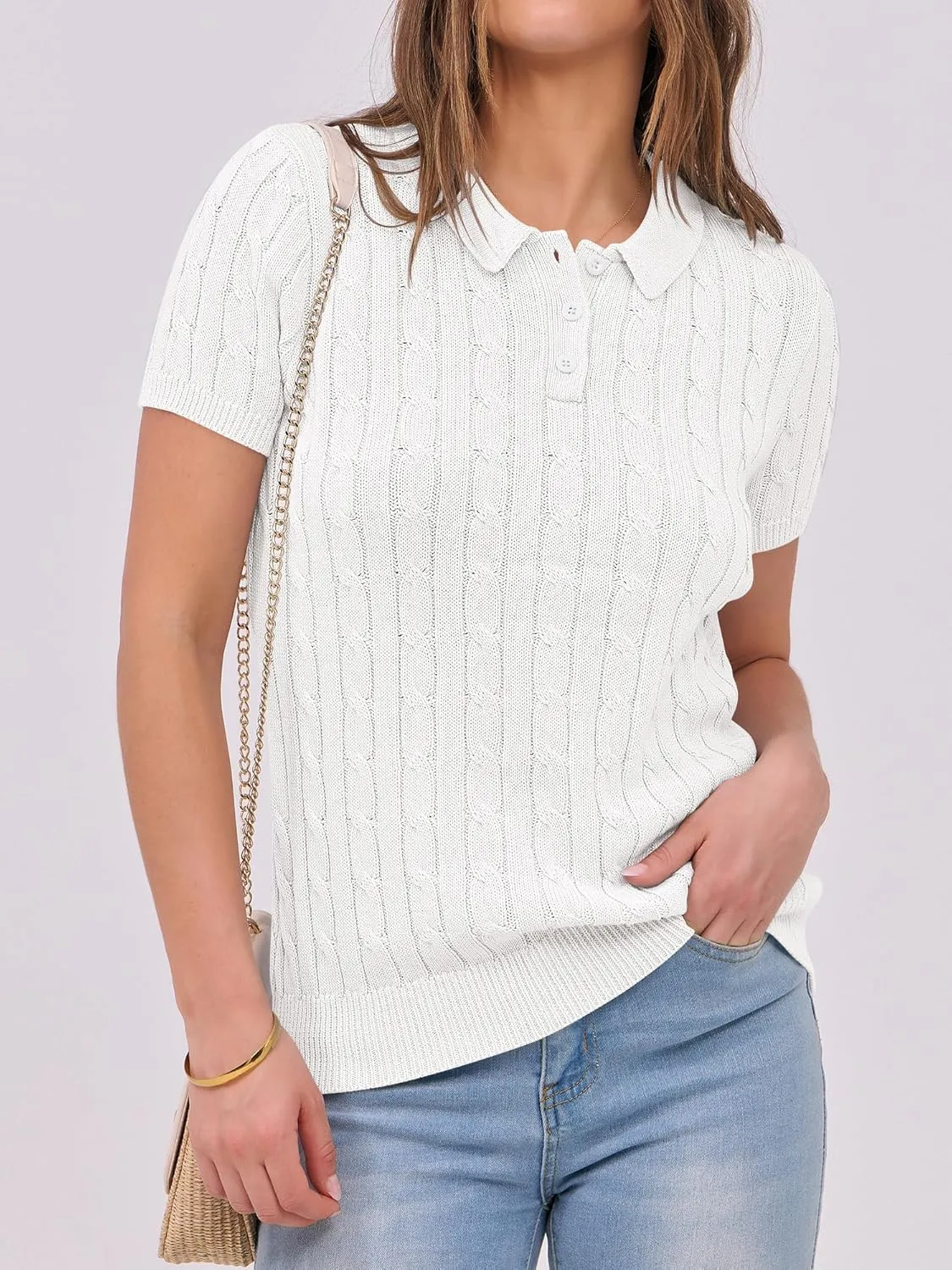 ANRABESS Women's Short Sleeve Sweaters Tops Polo V Neck Button Cable Knit Pullover Business Shirts 2025 Summer Casual Outfits