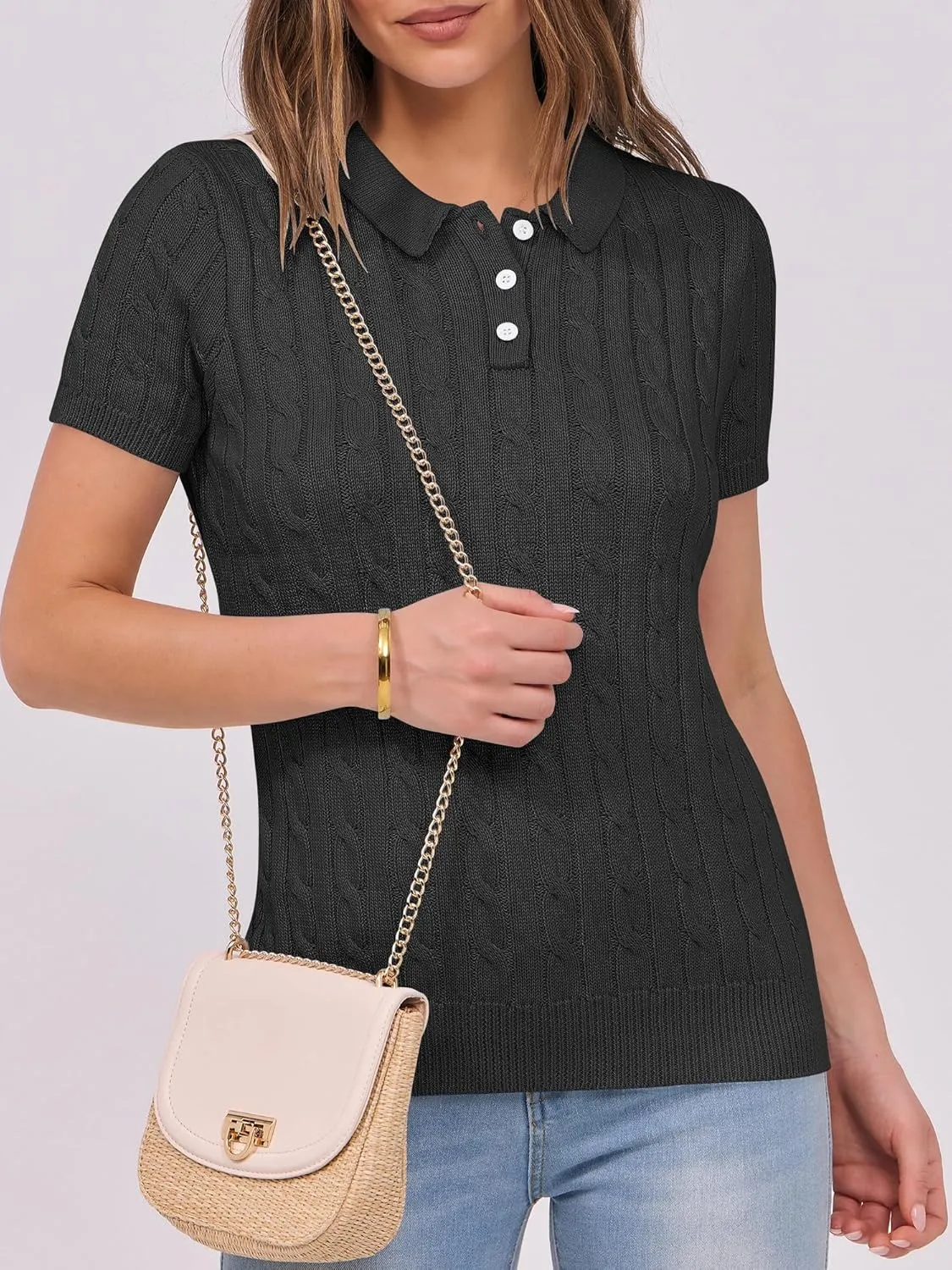 ANRABESS Women's Short Sleeve Sweaters Tops Polo V Neck Button Cable Knit Pullover Business Shirts 2025 Summer Casual Outfits