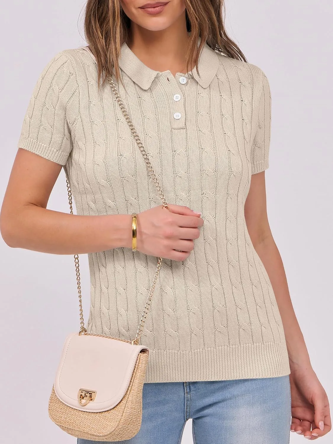 ANRABESS Women's Short Sleeve Sweaters Tops Polo V Neck Button Cable Knit Pullover Business Shirts 2025 Summer Casual Outfits