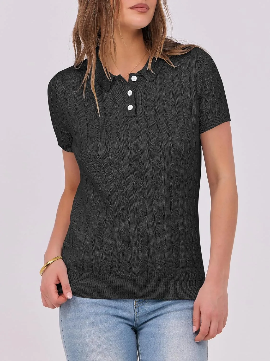 ANRABESS Women's Short Sleeve Sweaters Tops Polo V Neck Button Cable Knit Pullover Business Shirts 2025 Summer Casual Outfits