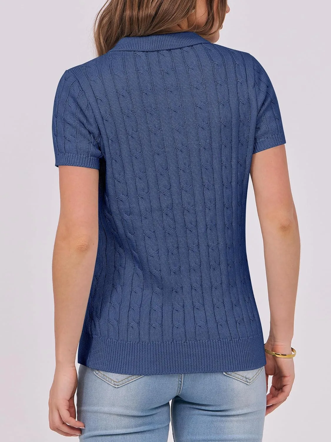 ANRABESS Women's Short Sleeve Sweaters Tops Polo V Neck Button Cable Knit Pullover Business Shirts 2025 Summer Casual Outfits