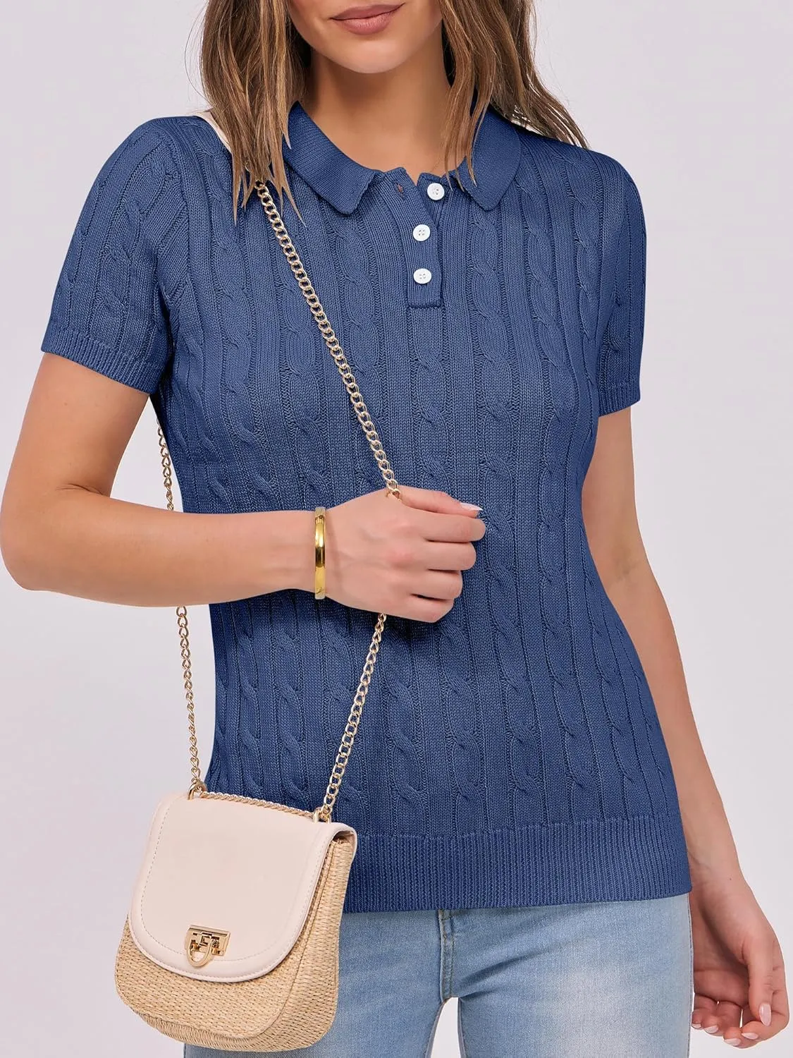 ANRABESS Women's Short Sleeve Sweaters Tops Polo V Neck Button Cable Knit Pullover Business Shirts 2025 Summer Casual Outfits