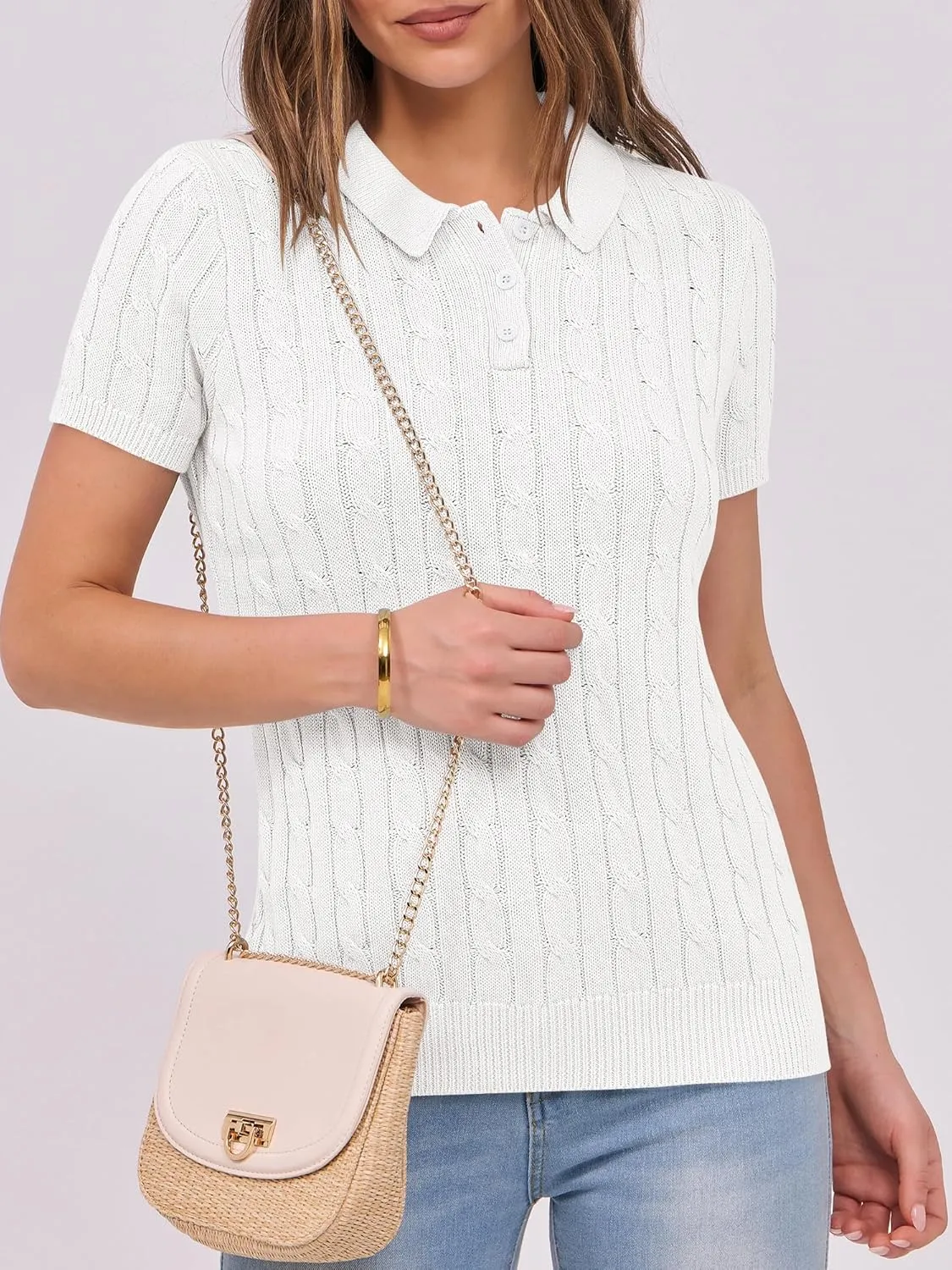 ANRABESS Women's Short Sleeve Sweaters Tops Polo V Neck Button Cable Knit Pullover Business Shirts 2025 Summer Casual Outfits