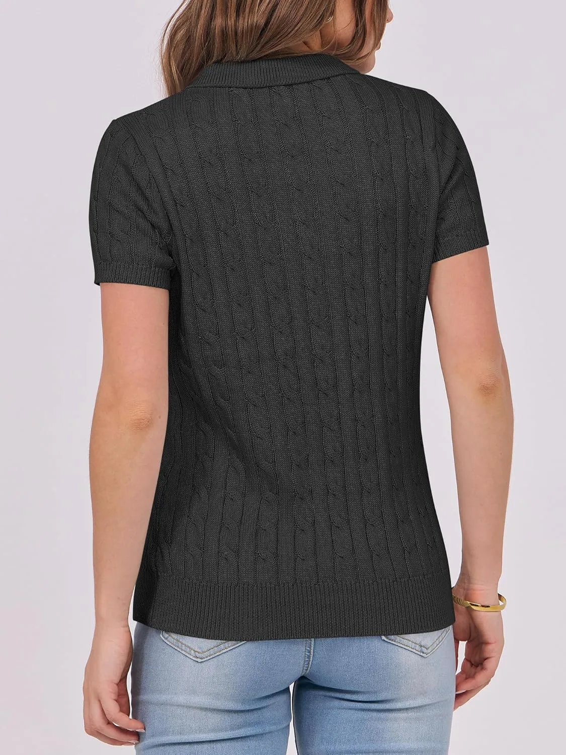 ANRABESS Women's Short Sleeve Sweaters Tops Polo V Neck Button Cable Knit Pullover Business Shirts 2025 Summer Casual Outfits