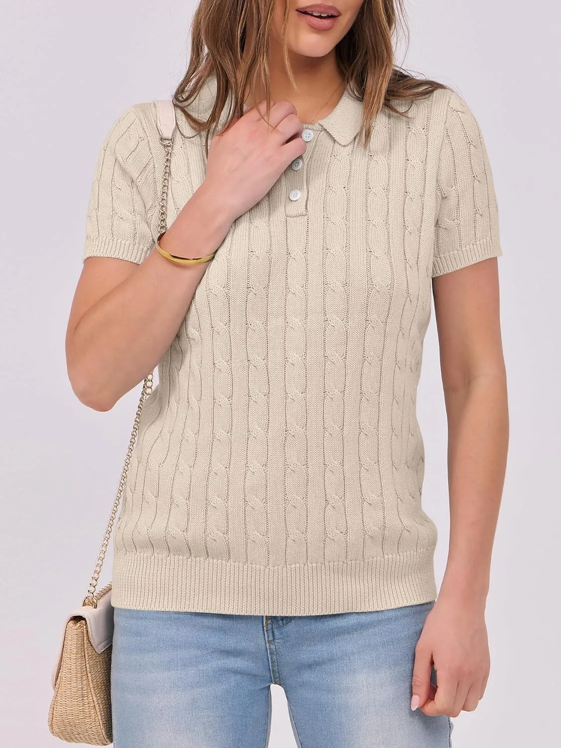 ANRABESS Women's Short Sleeve Sweaters Tops Polo V Neck Button Cable Knit Pullover Business Shirts 2025 Summer Casual Outfits