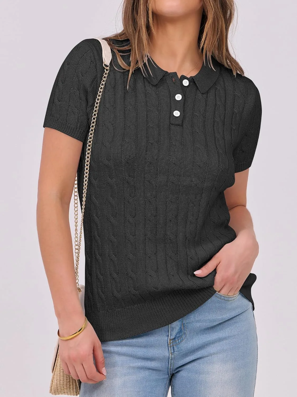 ANRABESS Women's Short Sleeve Sweaters Tops Polo V Neck Button Cable Knit Pullover Business Shirts 2025 Summer Casual Outfits