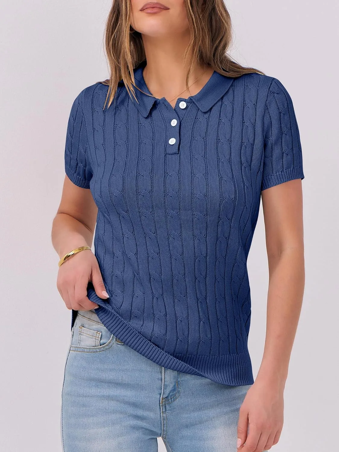 ANRABESS Women's Short Sleeve Sweaters Tops Polo V Neck Button Cable Knit Pullover Business Shirts 2025 Summer Casual Outfits