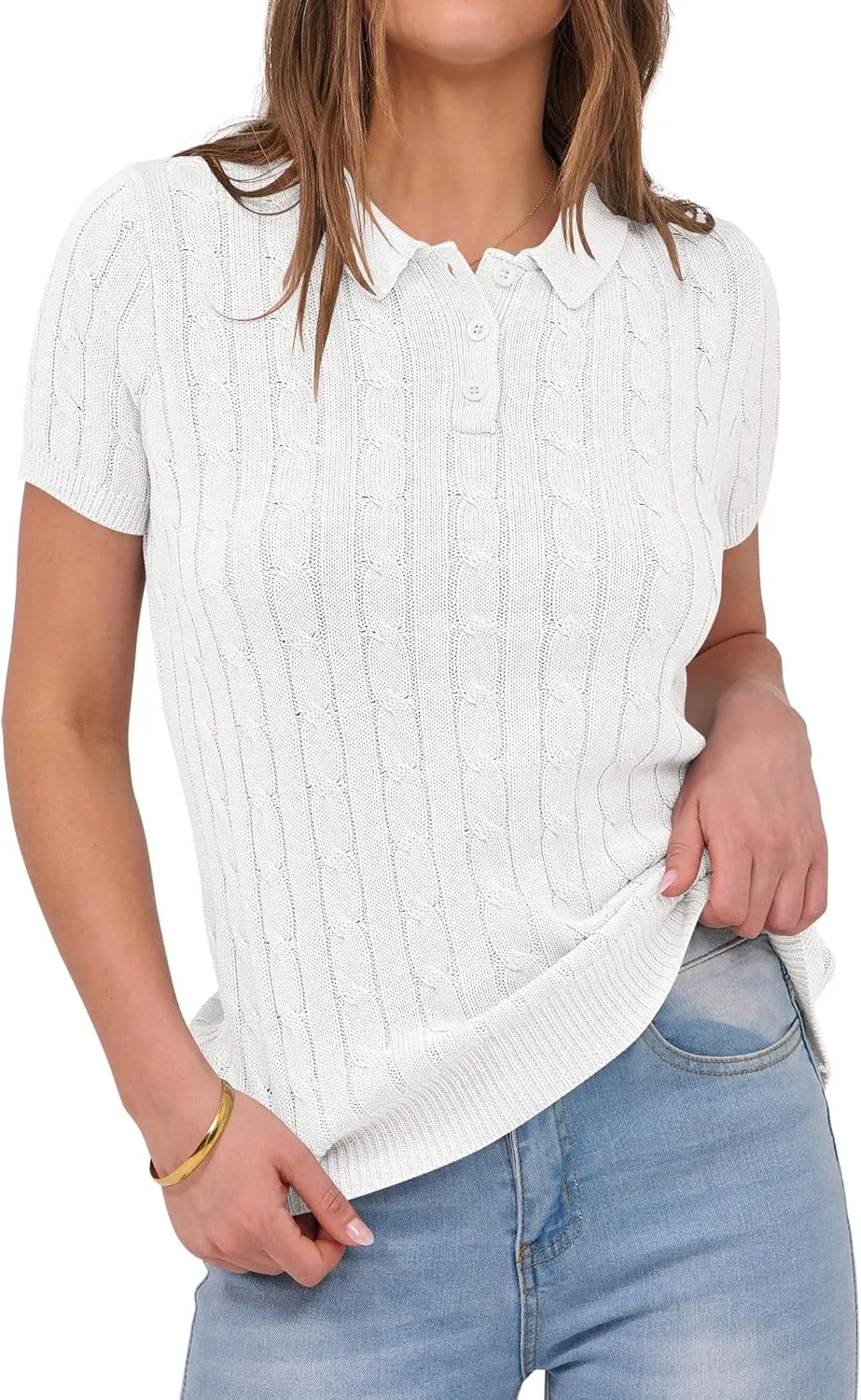 ANRABESS Women's Short Sleeve Sweaters Tops Polo V Neck Button Cable Knit Pullover Business Shirts 2025 Summer Casual Outfits