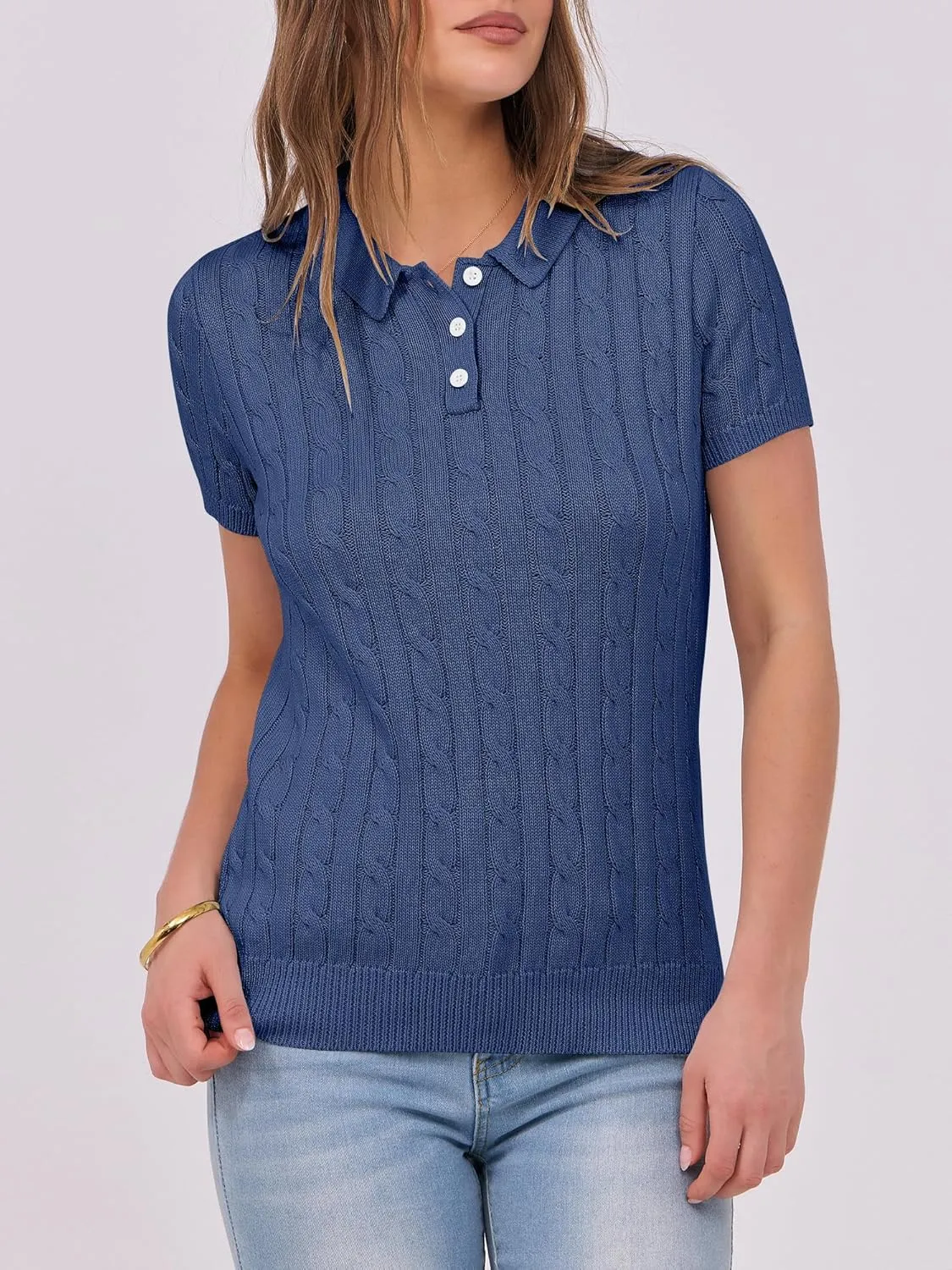 ANRABESS Women's Short Sleeve Sweaters Tops Polo V Neck Button Cable Knit Pullover Business Shirts 2025 Summer Casual Outfits