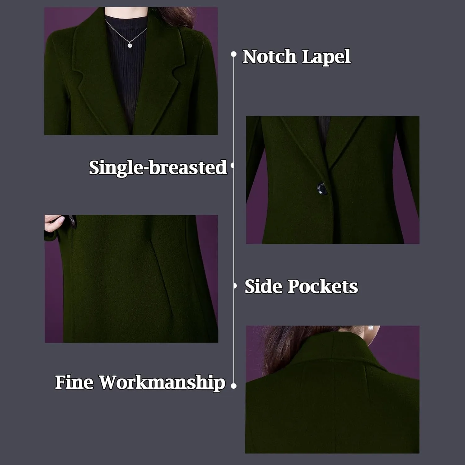 Aprsfn Women's Winter Wool Coats Long Sleeve One Buttoned Pea Coats Notched Lapel Jackets Mid-Length Windproof Overcoat