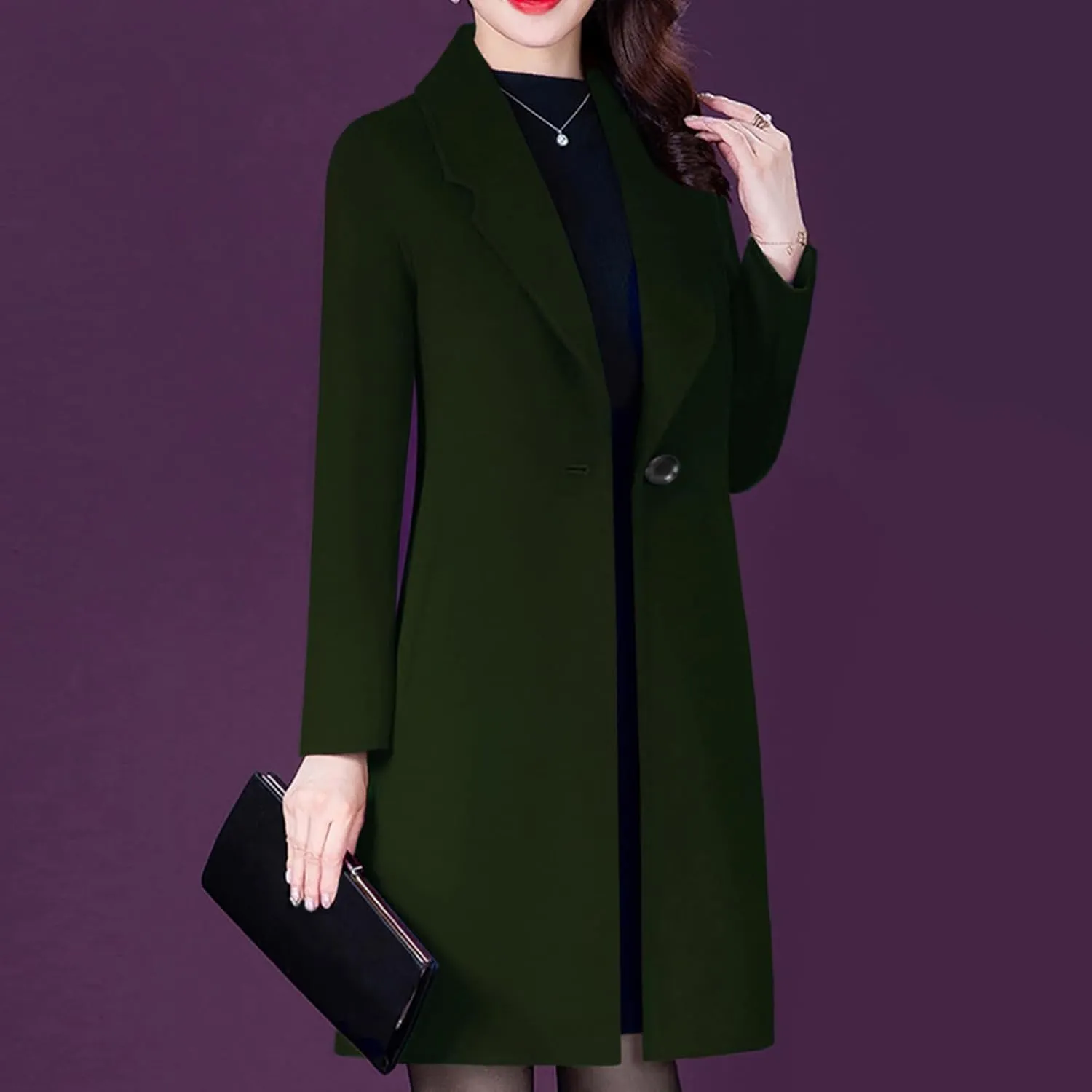 Aprsfn Women's Winter Wool Coats Long Sleeve One Buttoned Pea Coats Notched Lapel Jackets Mid-Length Windproof Overcoat