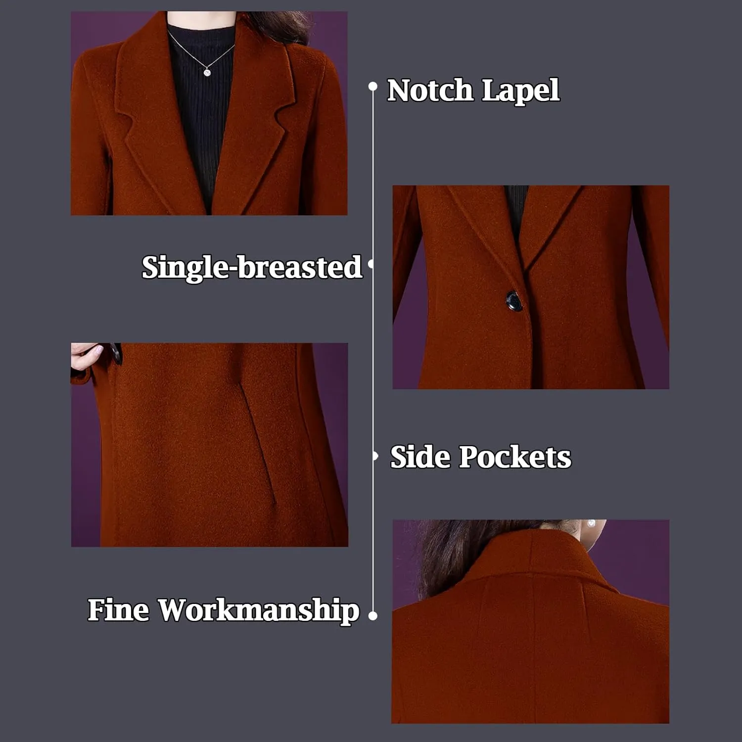 Aprsfn Women's Winter Wool Coats Long Sleeve One Buttoned Pea Coats Notched Lapel Jackets Mid-Length Windproof Overcoat