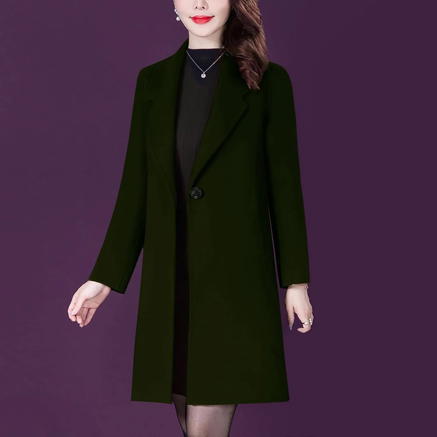 Aprsfn Women's Winter Wool Coats Long Sleeve One Buttoned Pea Coats Notched Lapel Jackets Mid-Length Windproof Overcoat
