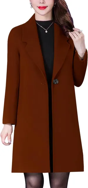 Aprsfn Women's Winter Wool Coats Long Sleeve One Buttoned Pea Coats Notched Lapel Jackets Mid-Length Windproof Overcoat