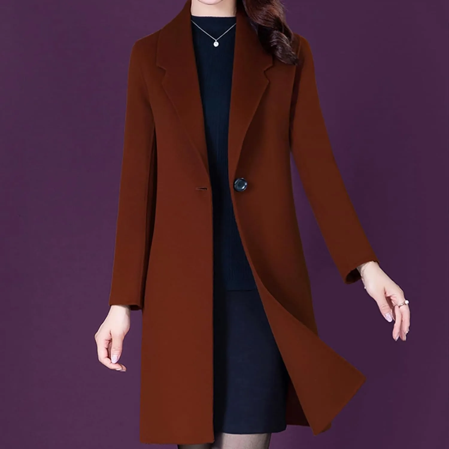 Aprsfn Women's Winter Wool Coats Long Sleeve One Buttoned Pea Coats Notched Lapel Jackets Mid-Length Windproof Overcoat