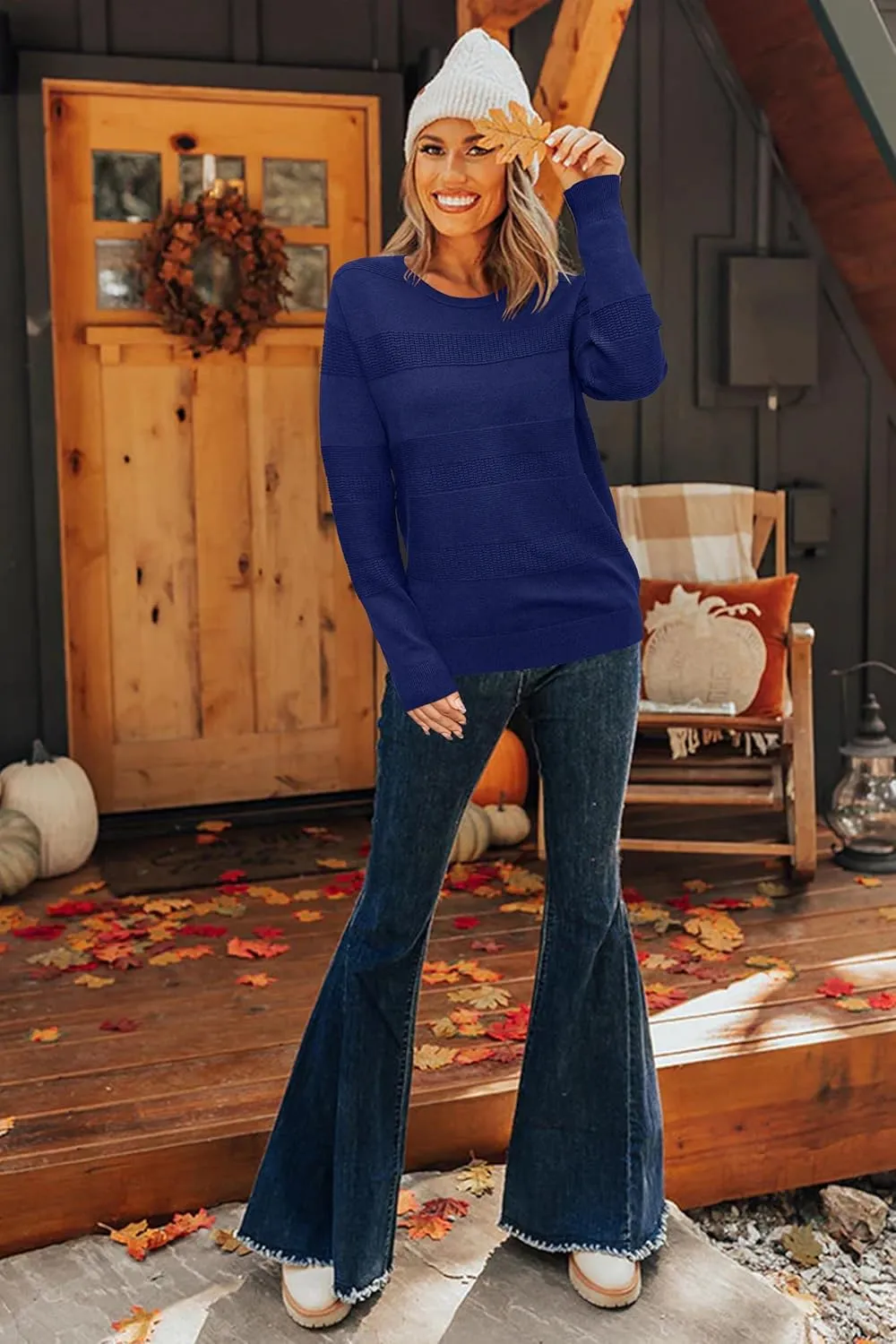 Arach&Cloz Womens Fall Sweaters 2024 Crochet Crew Neck Long Sleeve Knit Tops Pullover Fashion Clothes Outfits