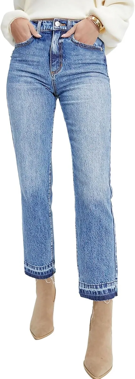 Astylish Womens High Waisted Straight Leg Ankle Jeans Casual Stretch Denim Pants