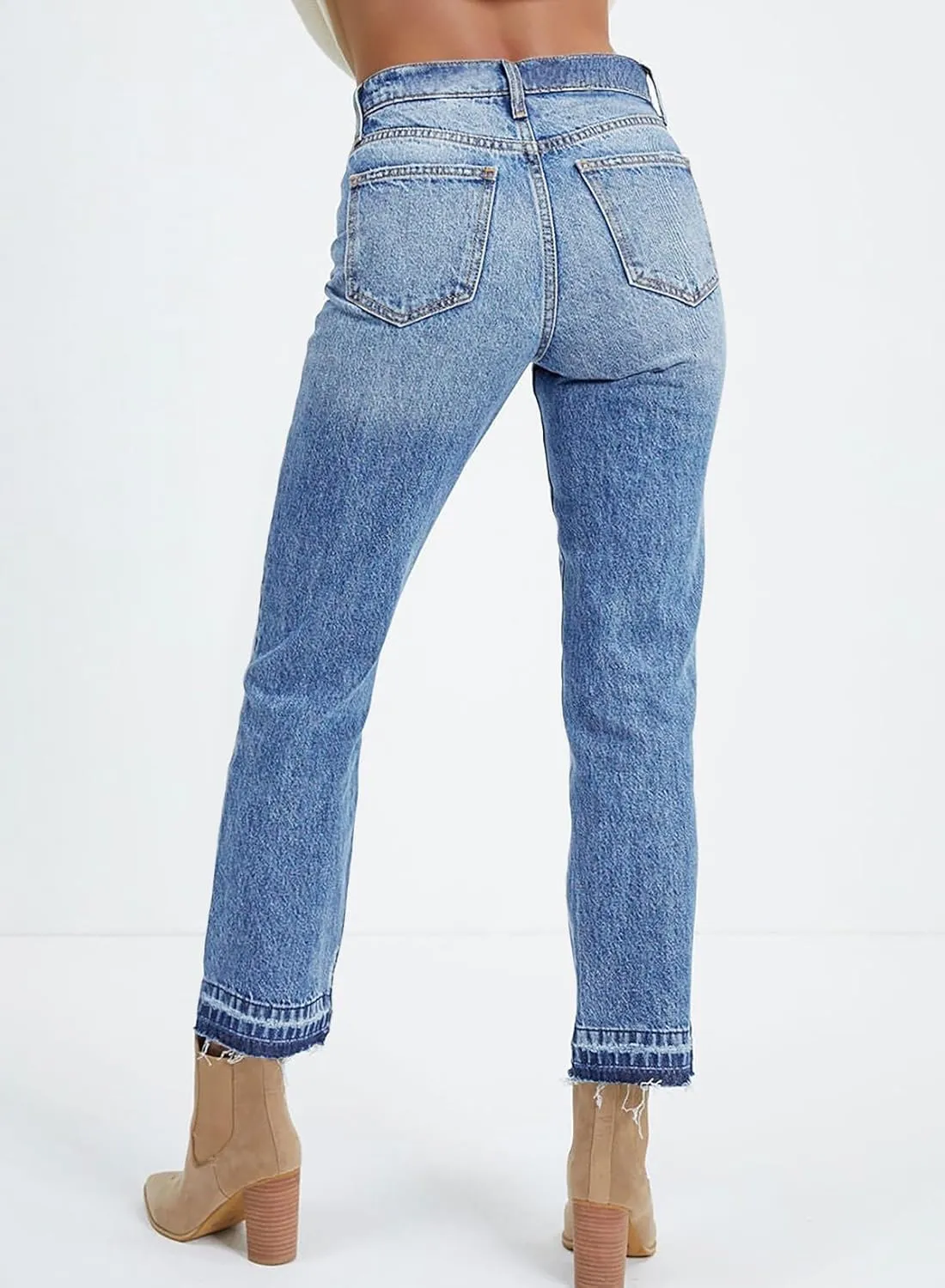 Astylish Womens High Waisted Straight Leg Ankle Jeans Casual Stretch Denim Pants