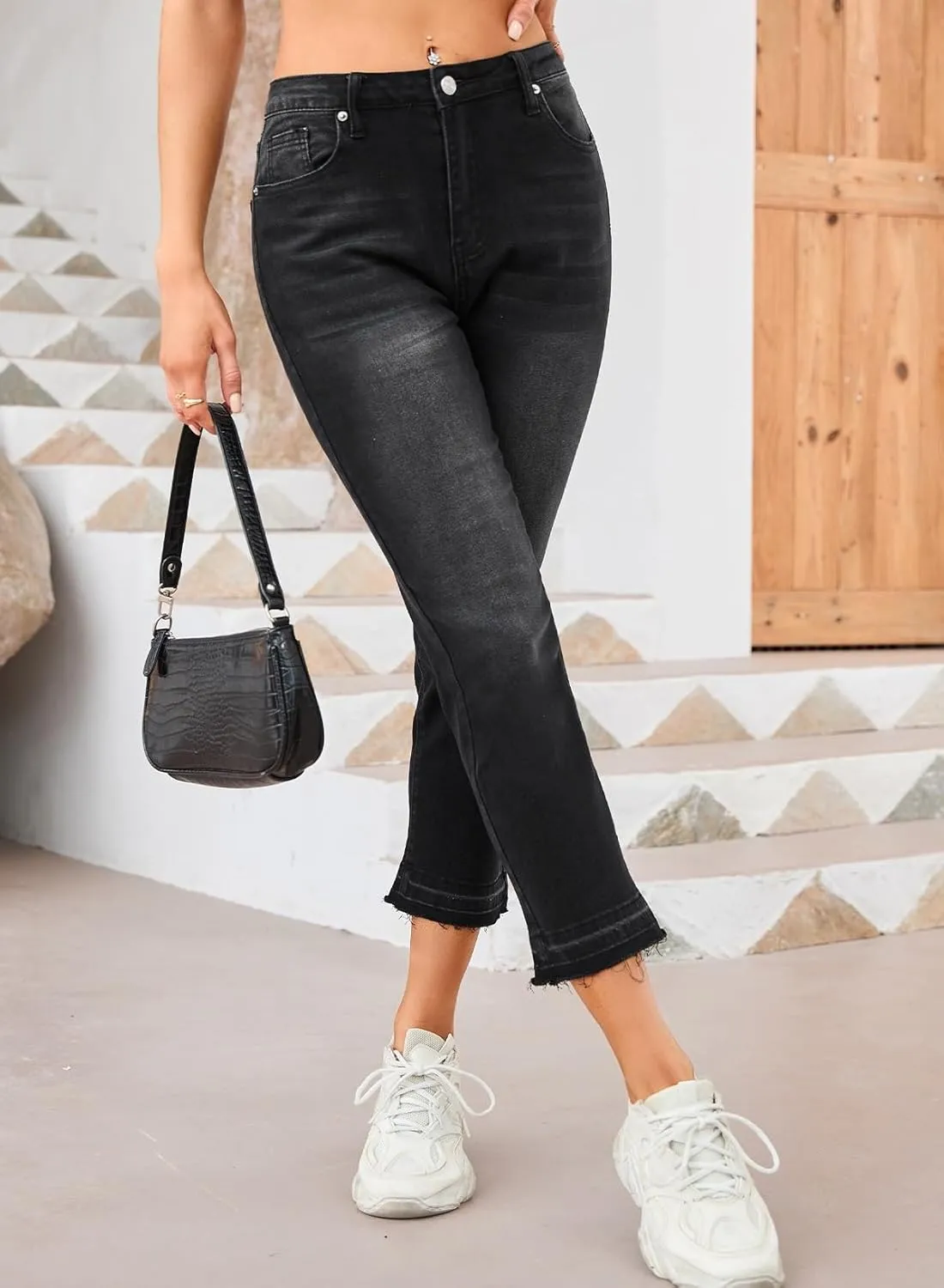 Astylish Womens High Waisted Straight Leg Ankle Jeans Casual Stretch Denim Pants
