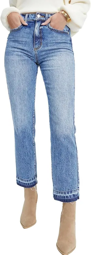 Astylish Womens High Waisted Straight Leg Ankle Jeans Casual Stretch Denim Pants