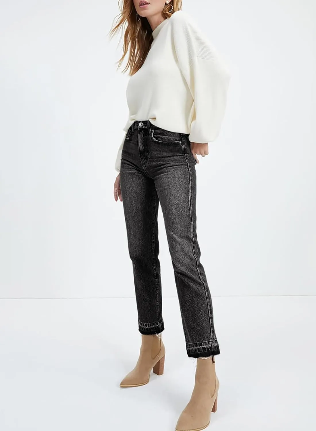 Astylish Womens High Waisted Straight Leg Ankle Jeans Casual Stretch Denim Pants