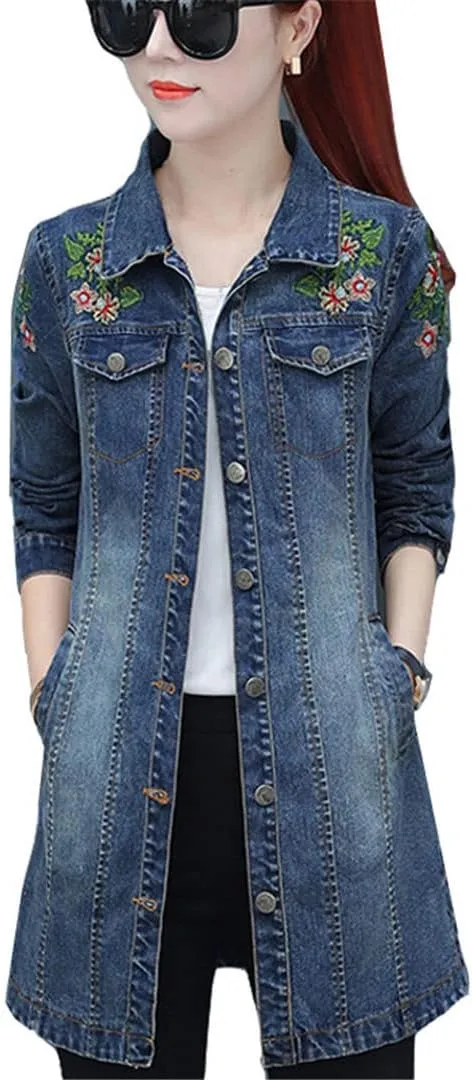 Autumn Women Embroidery Denim Jacket Loose Casual Jeans Jacket Coat Outwear