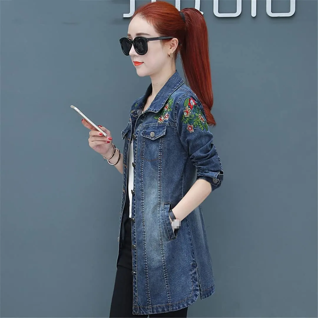 Autumn Women Embroidery Denim Jacket Loose Casual Jeans Jacket Coat Outwear