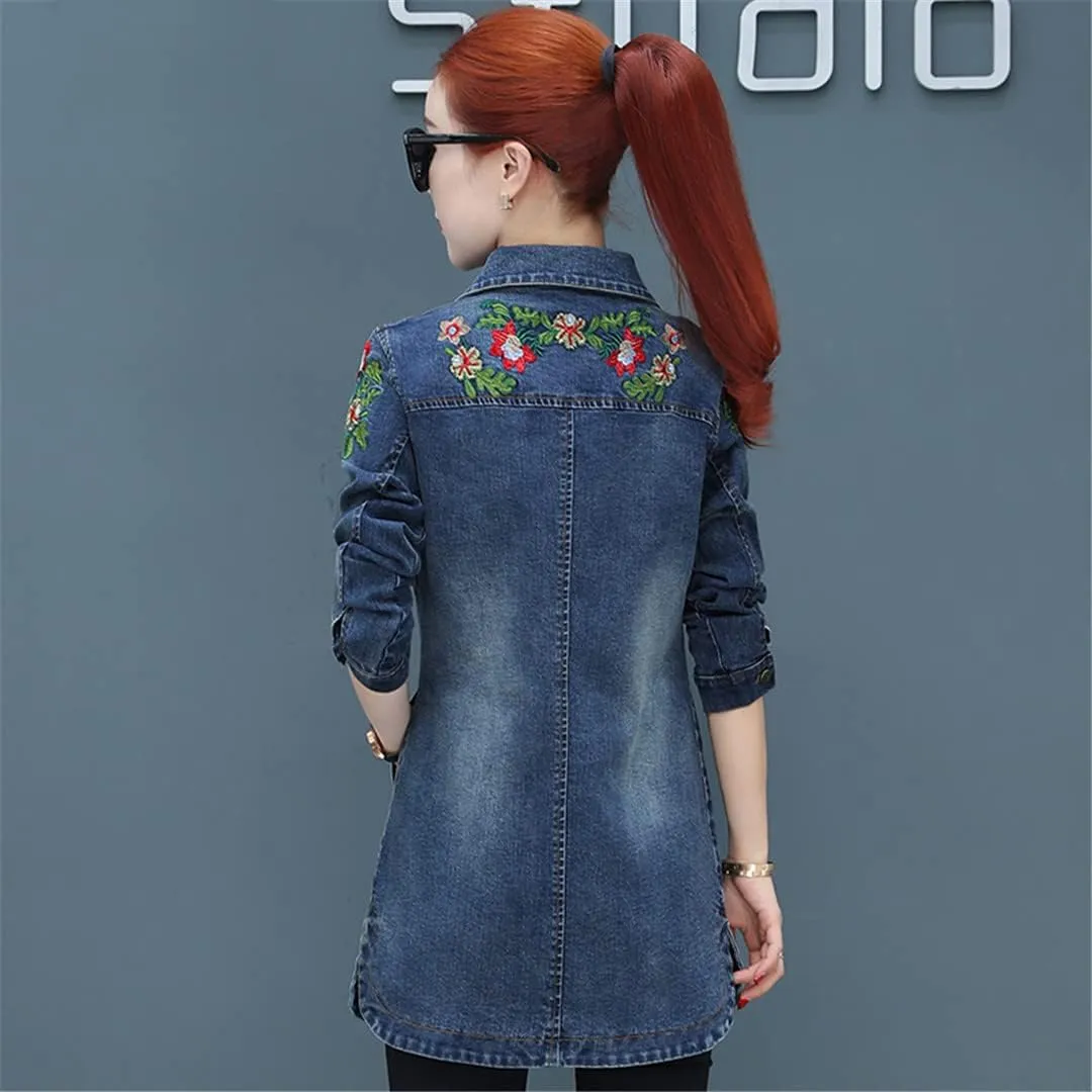 Autumn Women Embroidery Denim Jacket Loose Casual Jeans Jacket Coat Outwear