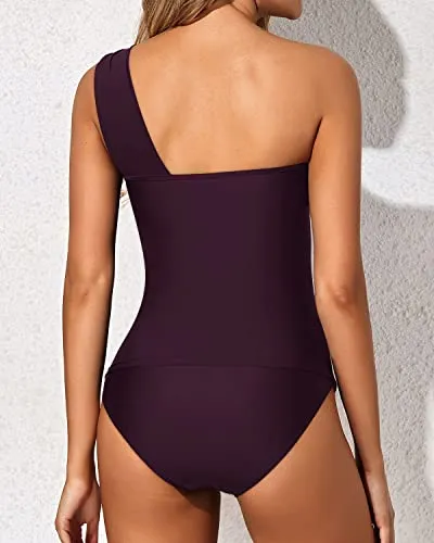 Backless & Strapless One Shoulder Tankini Swimsuit-Maroon