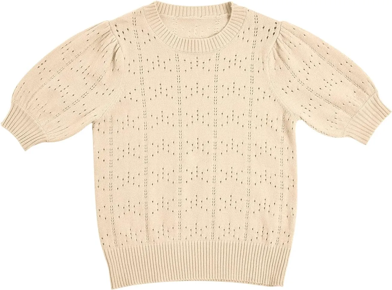 Batermoon Girls' Puff Short Sleeve Sweaters Crewneck Hollow Out Knit Pullover Tops