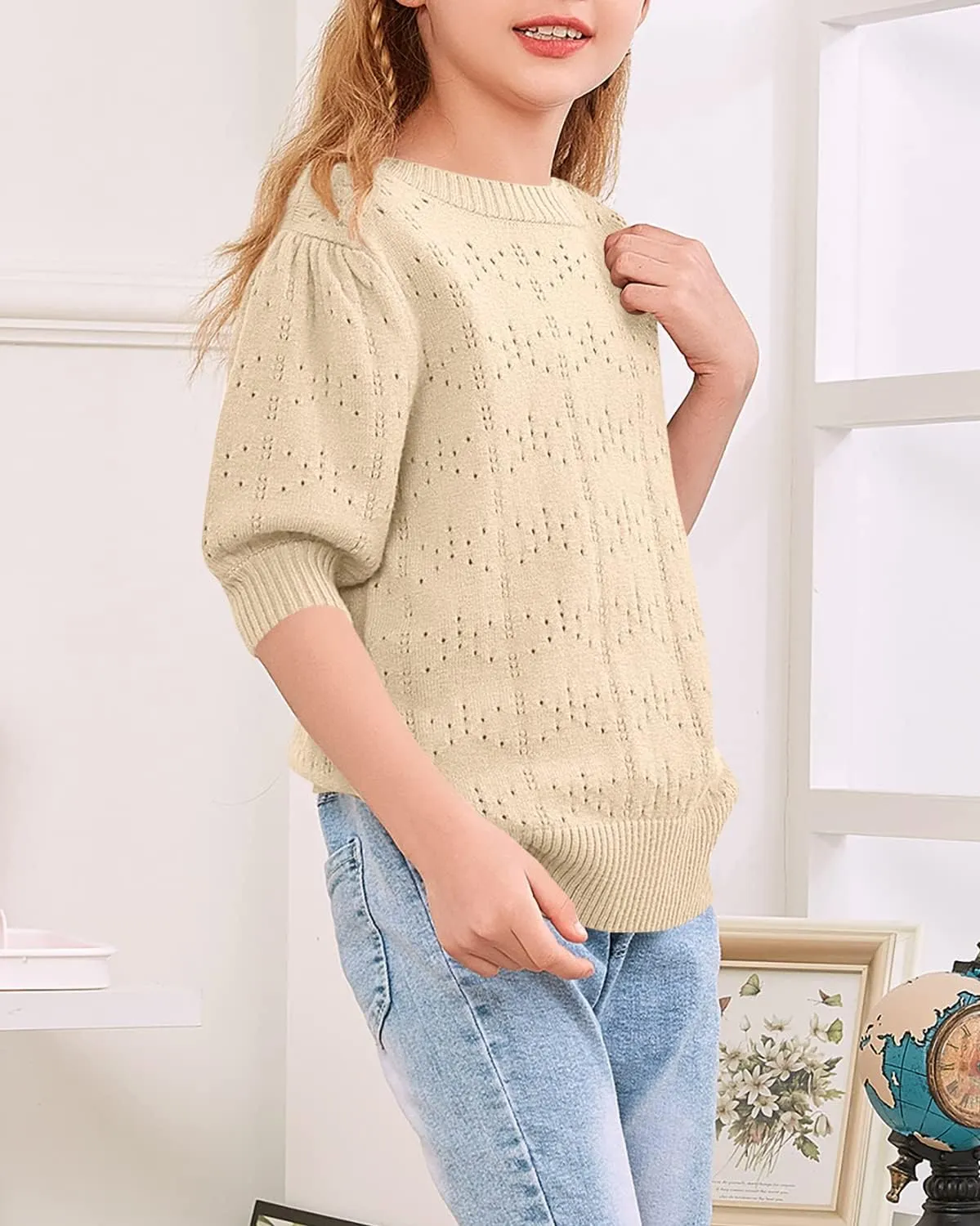 Batermoon Girls' Puff Short Sleeve Sweaters Crewneck Hollow Out Knit Pullover Tops