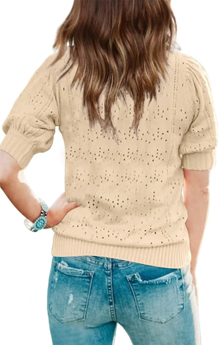 Batermoon Girls' Puff Short Sleeve Sweaters Crewneck Hollow Out Knit Pullover Tops