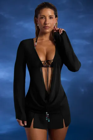 Bead-Embellished Cowl-Neck Sheer Mini Dress in Black