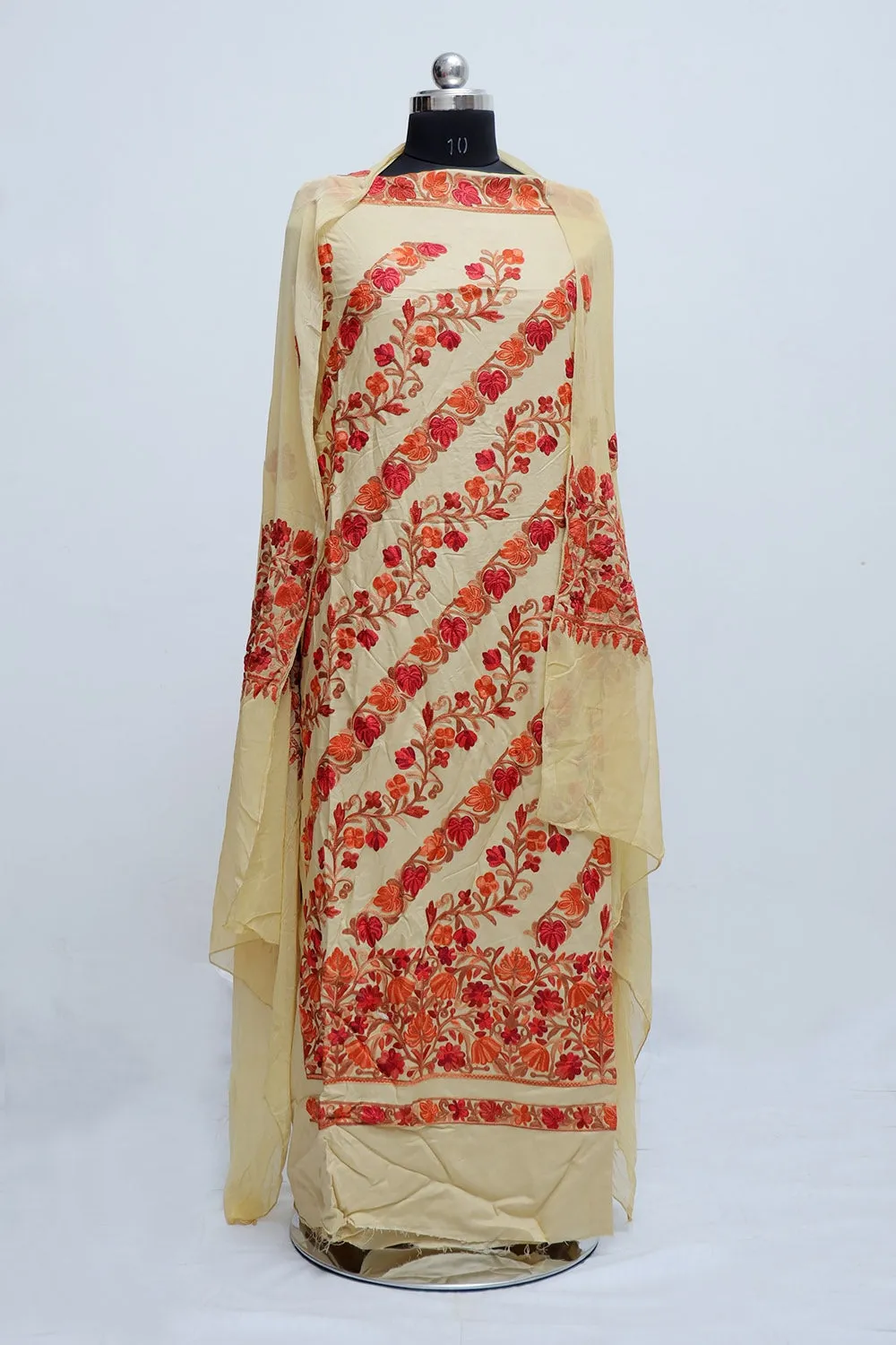 Beige Color Rayon Cotton Kashmiri Aari Work Unstitched Suit Fabric with Dupatta