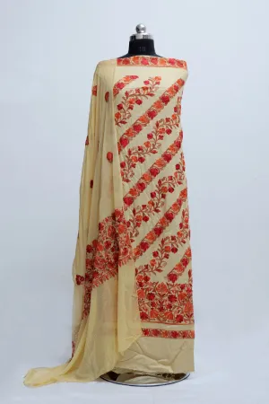 Beige Color Rayon Cotton Kashmiri Aari Work Unstitched Suit Fabric with Dupatta