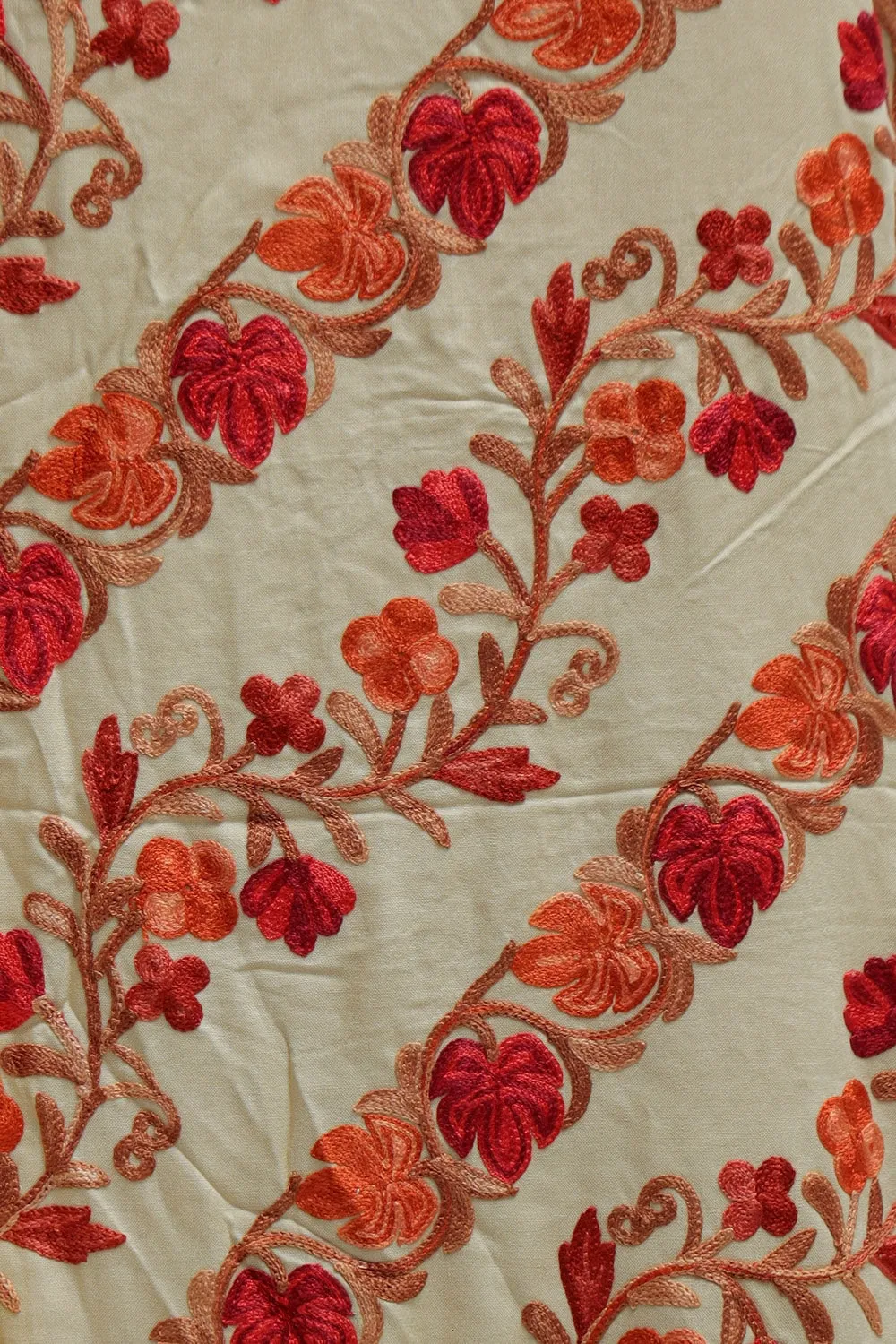 Beige Color Rayon Cotton Kashmiri Aari Work Unstitched Suit Fabric with Dupatta