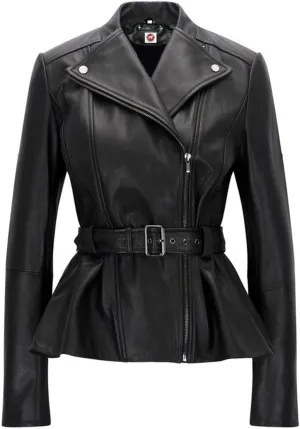 Belle Black Blazar Trench Coat Belted Peplum Real Leather Jacket Women