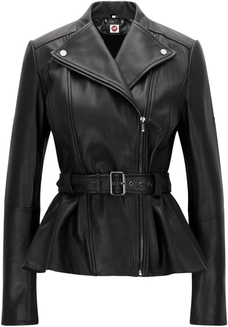Belle Black Blazar Trench Coat Belted Peplum Real Leather Jacket Women